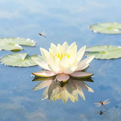 Photograph of a glowing white water lily with yellow center, floating on a calm blue pond, surrounded by green lily pads, with two hovering