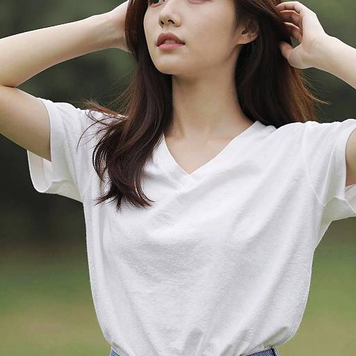 Photograph of an Asian woman with long dark hair, wearing a loose white V-neck shirt, standing outdoors with arms raised, hands in hair, green