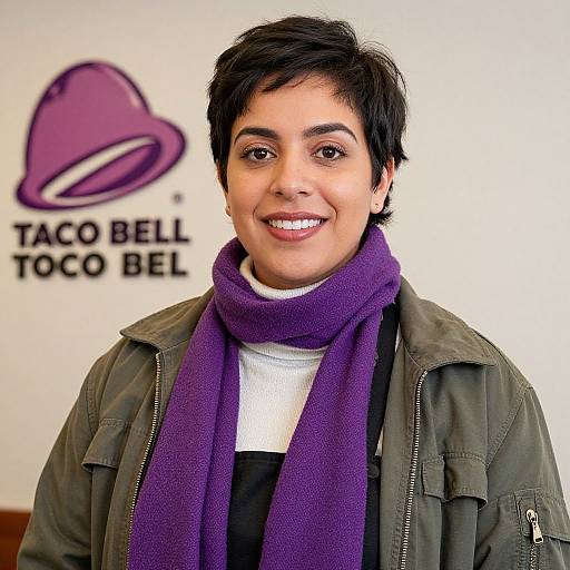 Photograph of a smiling person with short black hair, wearing a green jacket, white shirt, and purple scarf, in front of a 