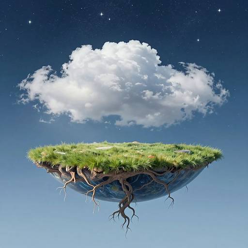 Digital illustration of a floating island with grass and exposed roots, beneath a large white cloud against a starry blue sky.
