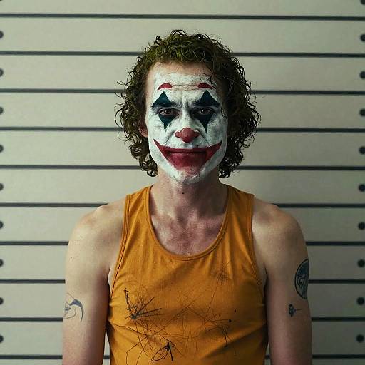 Photograph of a pale, curly-haired man with clown makeup, red lipstick, and black eye patches, wearing a dirty orange tank top, against a