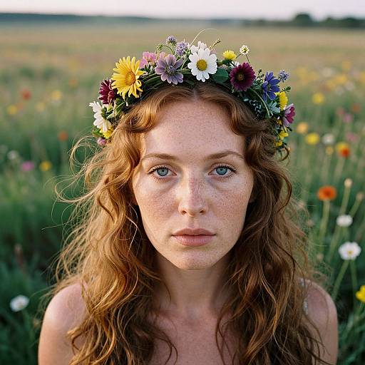 Photograph of a freckled, red-haired woman with a flower crown, standing in a colorful wildflower field, looking directly at the camera.
