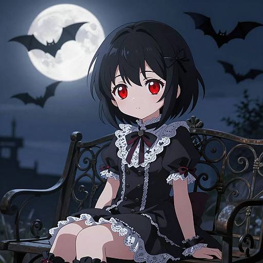 Anime-style drawing of a young girl with black hair and red eyes, wearing a black lace dress, sitting on a wrought iron bench at night, with