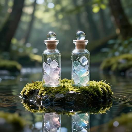 Photograph of two glass bottles with crystal spheres, lit from inside, on a mossy log floating in a serene forest pond.