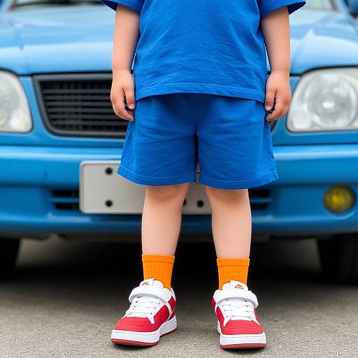 Child in Blue Outfit by Vehicle
