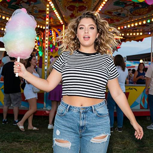 Photograph of a curly-haired woman with light skin in a black-and-white striped crop top and distressed blue jeans, holding a pink-and-white fluffy cotton