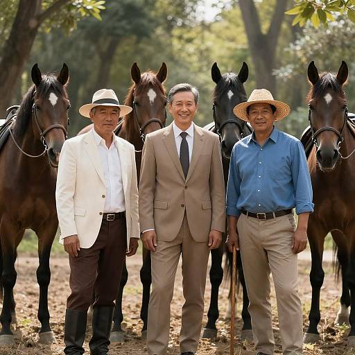Three Men Standing with Horses in Forest Clearing
