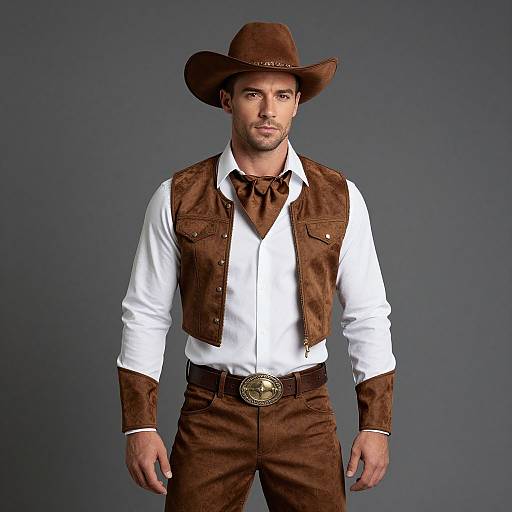 Photograph of a handsome man in a brown cowboy hat, white shirt, brown vest, and pants, with a dark brown belt buckle, standing against