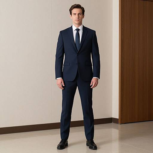 Photograph of a white man in a dark navy suit, white shirt, black tie, and black shoes, standing in a modern, minimalist office with