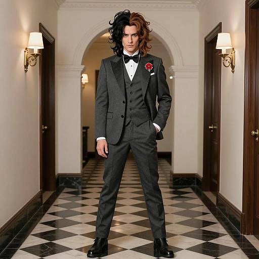 Man in Elegant Dark Grey Suit with Unique Hair Style