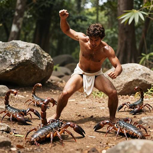 Warrior Battling Scorpions in Forest