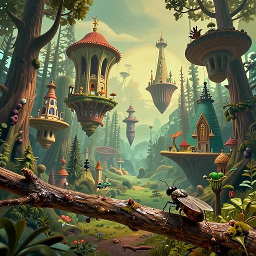 Whimsical fantasy forest illustration: colorful floating houses with red roofs, giant trees, a sunlight-dappled sky, and a curious ant on a