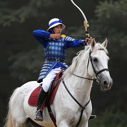 Mounted Archer in Blue Armor on White Horse