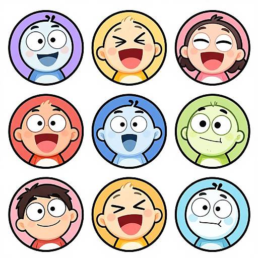 Cartoon illustration of nine diverse, smiling, and laughing children with various hair colors and expressions, each in a circular frame.
