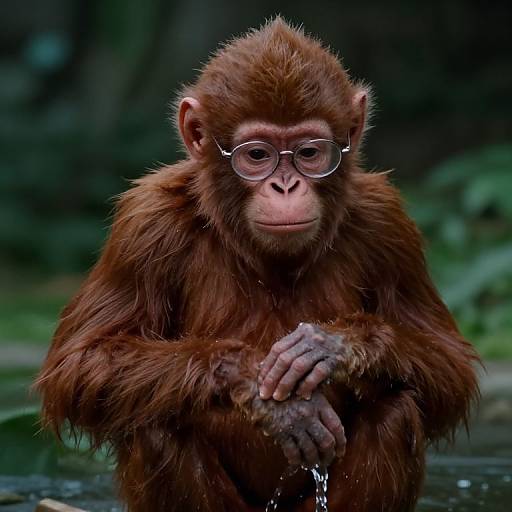 Photograph of a brown-furred monkey with large, round glasses, sitting in water, hands clasped, serious expression, forest background.