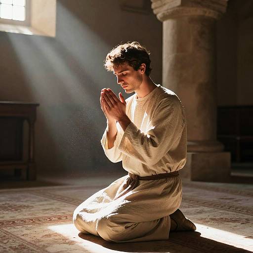 Man Praying in Sunlit Stone Chapel