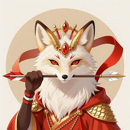 White Fox in Ornate Golden Headdress Holding Arrow