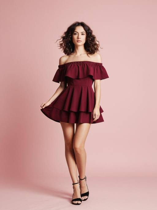 Woman in Off-Shoulder Burgundy Mini Dress