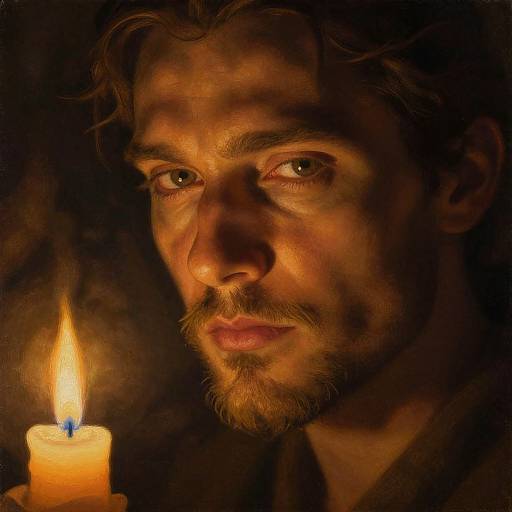 Photorealistic digital portrait of a serious, bearded man with brown hair, holding a lit candle, casting warm light on his face in a dark