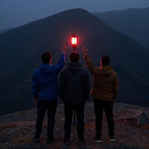 Men On Hill Under Glowing Red Light