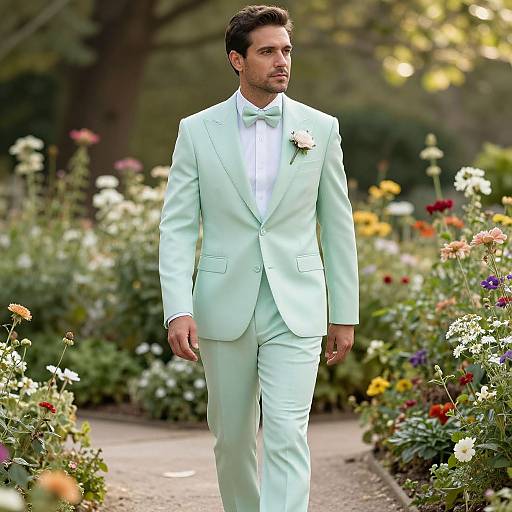 Photograph of a handsome man in a light mint green suit with a white bow tie, walking through a vibrant, colorful garden.