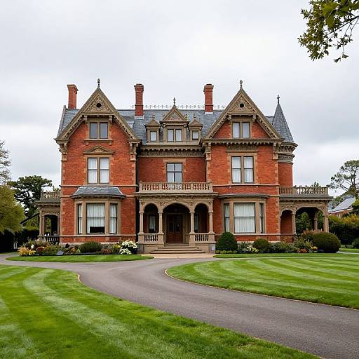Photograph of a grand, Victorian-style red brick mansion with ornate gables, chimneys, and arched windows, set on a manicured
