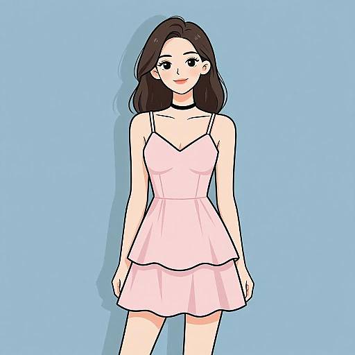 Digital illustration of a fair-skinned, young woman with long black hair, wearing a pink, spaghetti-strap, ruffled dress and black choker