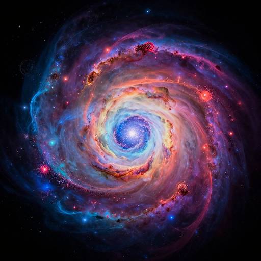 Vivid, swirling galaxy with a bright blue and orange core, surrounded by colorful nebulae and stars, set against a dark cosmic background. (