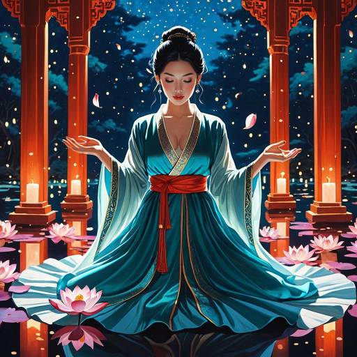 Elegant Asian Woman Meditating in Silk Robes