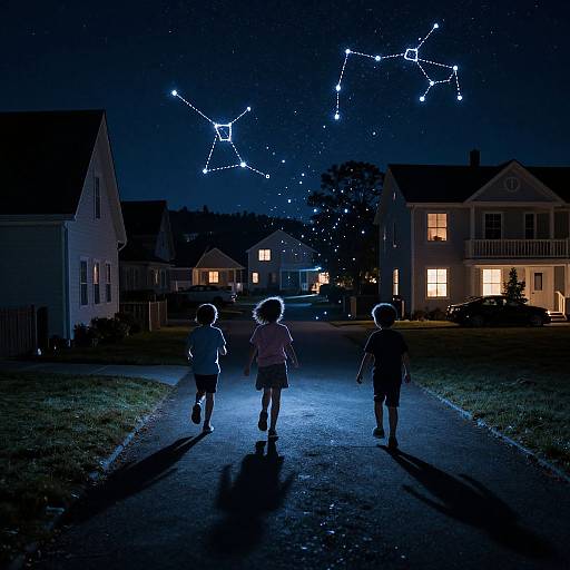 Photograph of three children walking down a suburban street at night, silhouetted against a glowing constellation and warmly lit houses.