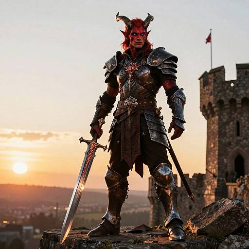 Photograph of a red-haired, horned, armored demon warrior with glowing eyes, holding a sword, standing on a castle battlement at sunset.