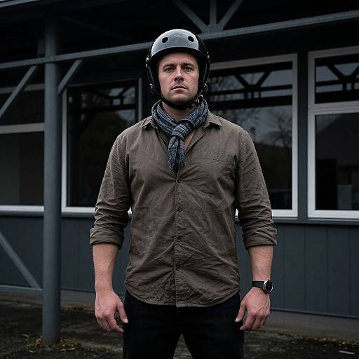 Photograph of a serious, muscular man with fair skin, wearing a black helmet, gray scarf, olive shirt, black pants, and watch, standing