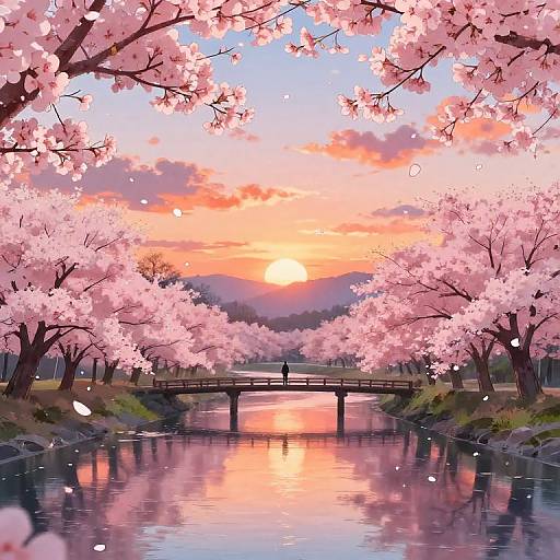 Digital painting of a serene cherry blossom bridge at sunset, with pink petals floating, reflecting in a calm river.