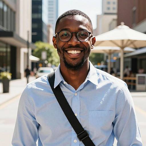 Smiling Black Man in Urban Sunlight