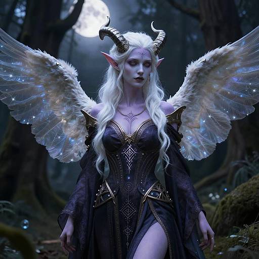 Digital artwork of a pale, elf-like demoness with white hair, black horns, glowing wings, and a dark, ornate dress in a moon