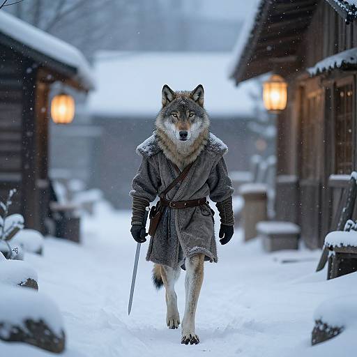 Photograph of a wolf dressed in a gray, fur-trimmed robe and black gloves, walking down a snowy, lantern-lit wooden path.