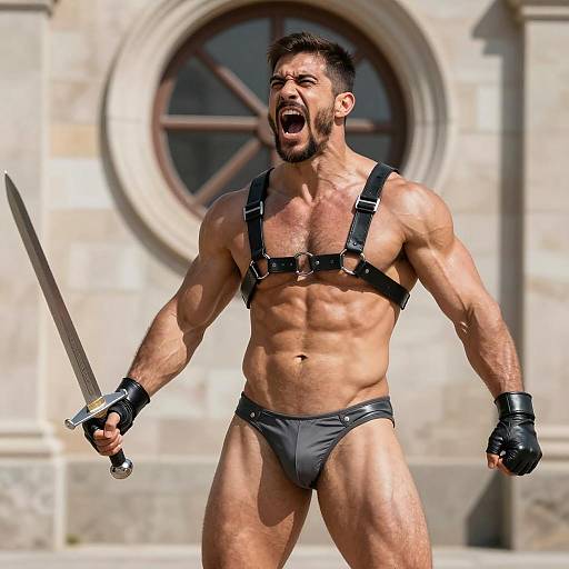 Muscular Warrior Shouting with Sword