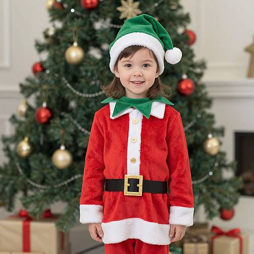 Photograph of a young girl in a Santa outfit with green hat, red velvet dress, white trim, and black belt, standing in front of a