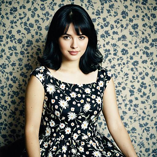 Woman in Floral Dress Sitting Indoors