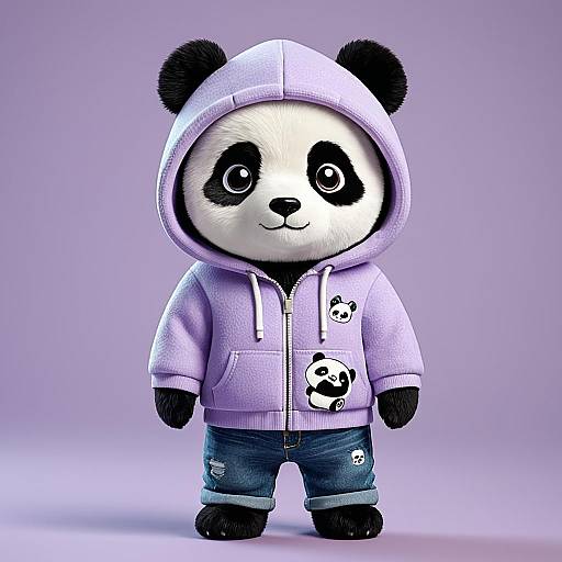 3D Cartoon Panda in Purple Hoodie