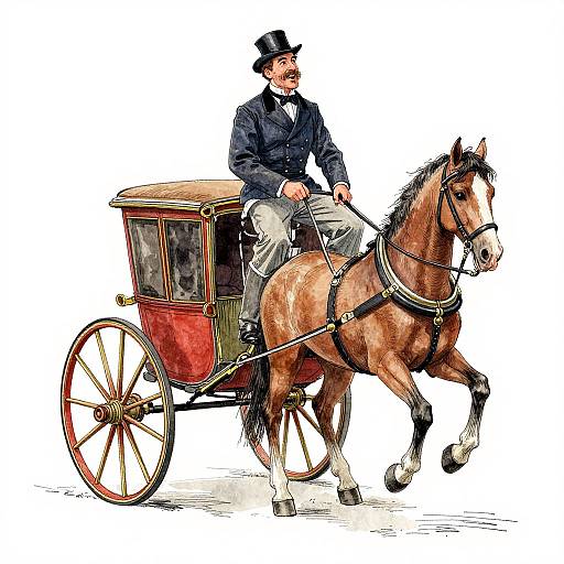 Colorful illustration of a mustached man in a black top hat and suit riding a brown horse-drawn red carriage with large wheels.