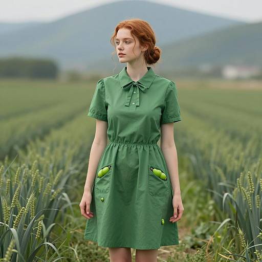 Young Woman in Green Dress in Field