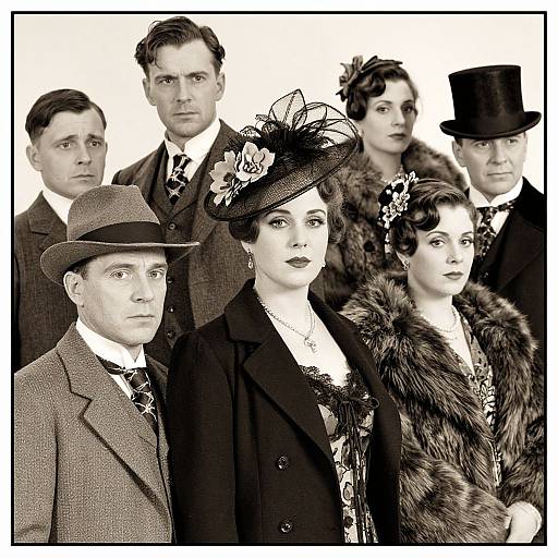 Black-and-white photograph of six early 20th-century Edwardian-era individuals, three men and three women, in formal attire, hats, and fur