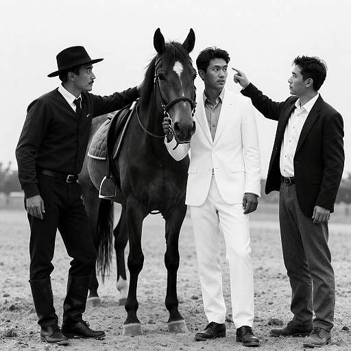 Dramatic Black and White Scene with Men and Horse