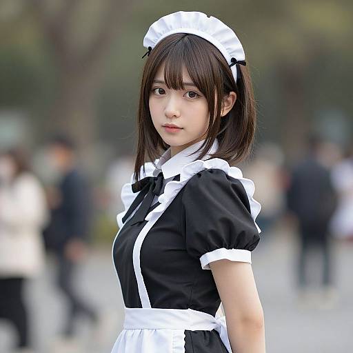 Photograph of an Asian woman with shoulder-length brown hair, wearing a black and white French maid outfit, standing in a blurred outdoor park with people in