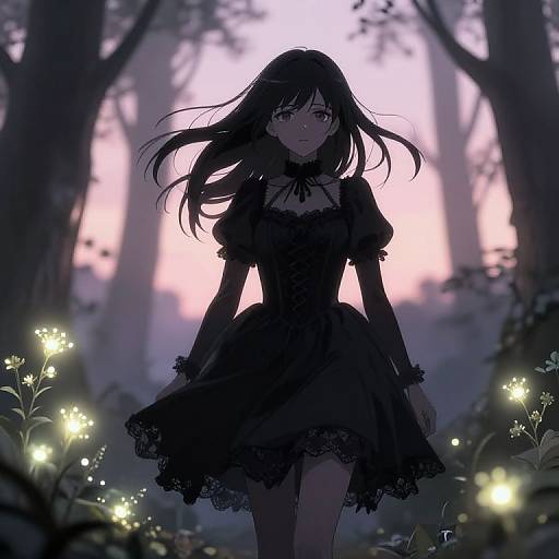 Anime-style digital illustration of a silhouetted young woman with long black hair, wearing a lacy black dress, walking through a mystical forest illuminated