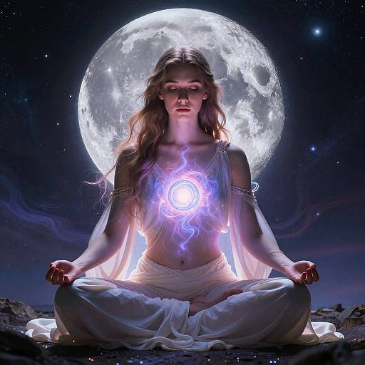 Photorealistic digital artwork of a serene, long-haired woman meditating in lotus position, glowing purple energy orb on chest, under bright full moon