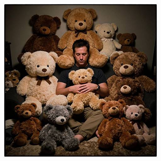 Man Amidst Plush Toy Collection