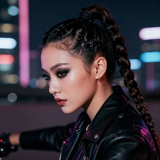 Photograph of a serious-looking woman with dark braided hair, heavy makeup, and a black leather jacket, standing at night in a city with colorful