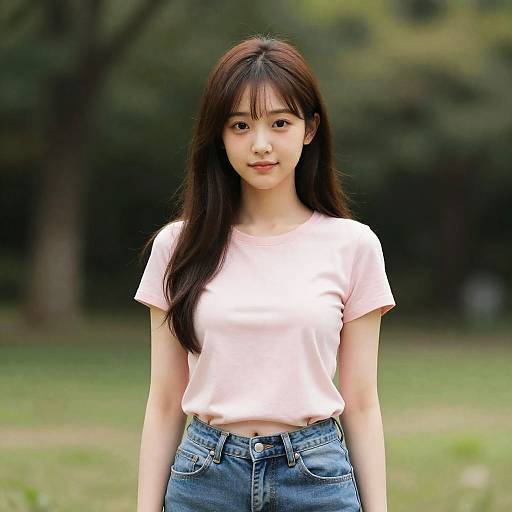 Young Woman in Pink T-Shirt Outdoors